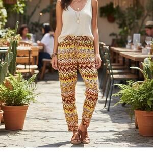 Tolani Yellow Brown Pink IKat Print  Pants Small